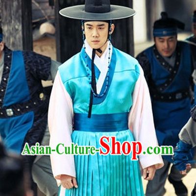 Traditional Korean Blue Clothes and Hat Complete Set
