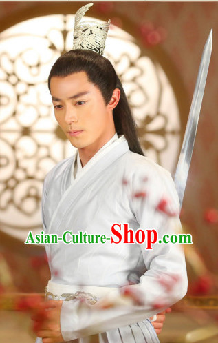 Ancient Chinese Knight White Costumes and Coronet for Men
