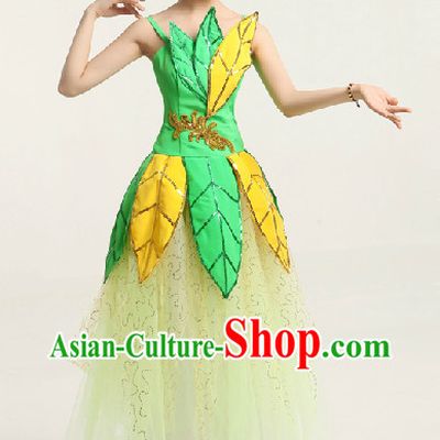 Enchanting Effect Leaf Dance Costume and Headwear Complete Set for Girls