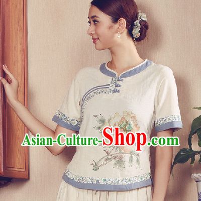 Hands Painted Summer Wear Mandarin Traditional Shirt for Women