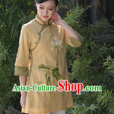 Hands Painted Lotus Mandarin Traditional Long Blouse for Women