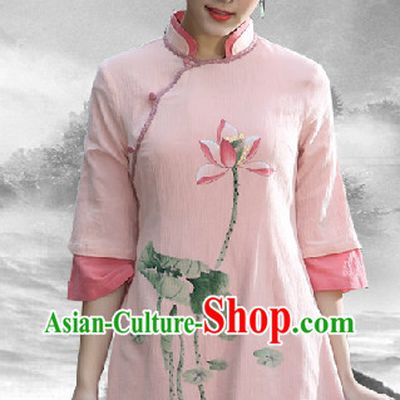 Hands Painted Lotus Mandarin Traditional Long Blouse for Women