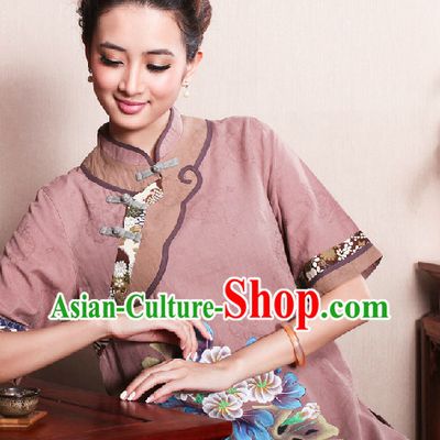 Hands Painted Peony Mandarin Traditional Top for Women