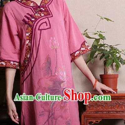 Hands Painted Lotus Mandarin Traditional Long Blouse for Women