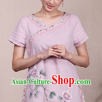Hands Painted Lotus Mandarin Traditional Long Top for Women