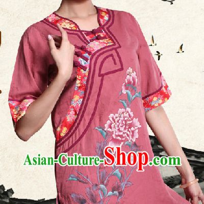 Hands Painted Peony Mandarin Traditional Long Shirt for Women