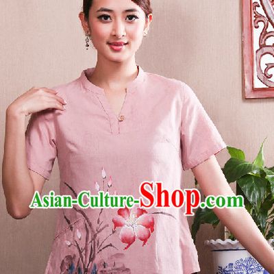 Hands Painted Mandarin Traditional Short Shirt for Women