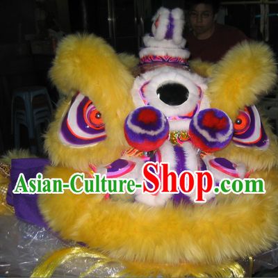 Yellow Wool Traditional Chinese Hok San Lion Dance Costumes Complete Set