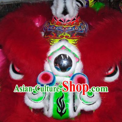 Supreme Long Red Wool Hok San Lion Dance Costumes Complete Set