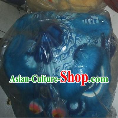 Blue Color Chinese Stage Performance Long Wool Lion Dance Costumes Complete Set