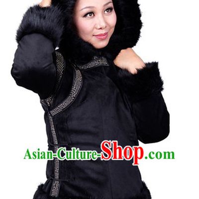 Traditional Chinese Black Mongolian Winter Jacket for Women