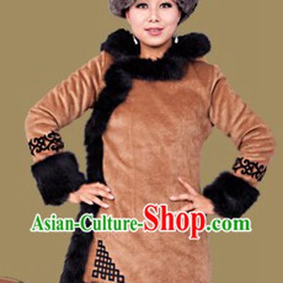 Traditional Chinese Mongolian Winter Long Jacket and Hat for Women