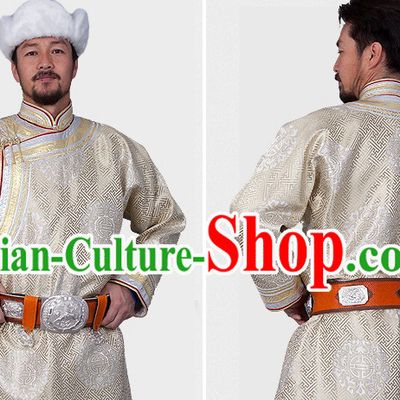 Traditional Chinese Mongolian Long Robe Clothing and Hat for Men