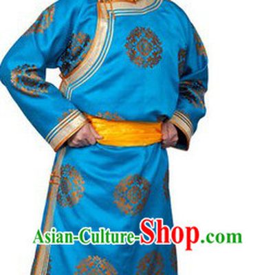 Traditional Chinese Long Blue Mongolian Prince Robe for Men