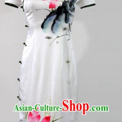 Chinese Classical Silk Hands Painted Lotus Long Cheongsam for Women