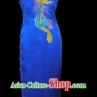 Chinese Classical Silk Blue Embroidered Phoenix Cheongsam