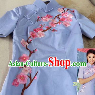 Chinese Classical Blue Cotton Embroidered Flower Long Qipao