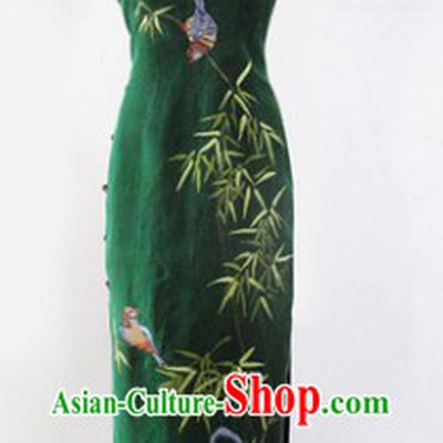 Traditional Chinese Green Silk Embroidered Bird and Flower Cheongsam