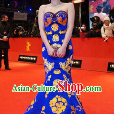Traditional Chinese Blue Silk Embroidered Fish Tail Cheongsam