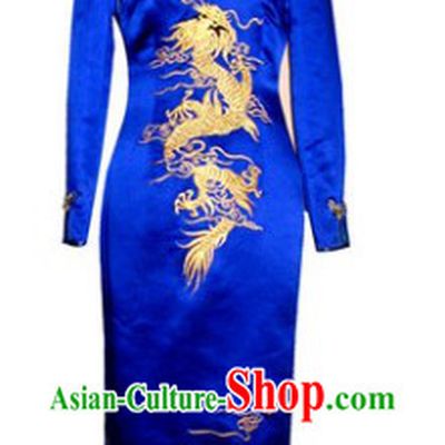 Chinese Classical Blue Phoenix Embroidery Long Cheongsam