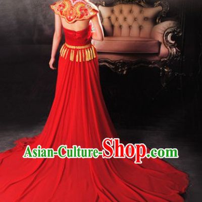 Traditional Chinese Red Embroidered Royal Shoulder Evening Dress