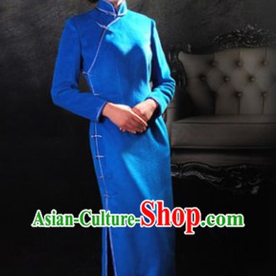 Traditional Chinese Blue Super Long Cheongsam