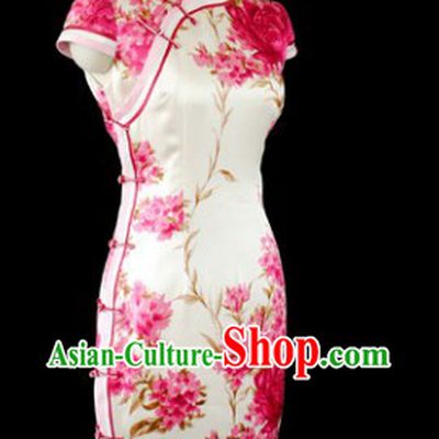 Chinese Silk White Cherry Blossom Qipao
