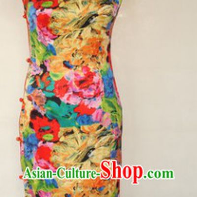 Traditional Chinese Silk Rainbow Flower Cheongsam