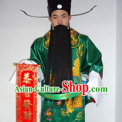 Traditional Chinese Stage Performance Cai Shen Ye Green Costumes and Hat Complete Set