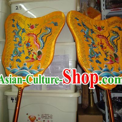 Traditional Chinese Festival Celebration Parade Embroidered Dragon Phoenix Fans Pair
