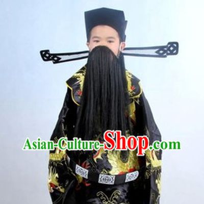 Traditional Chinese Black Embroidered Dragon Costumes Mang Pao and Hat Complete Set for Kids