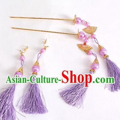 Ancient Chinese Purple Hanfu Style Hairpins and Earrings