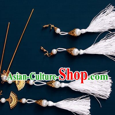Ancient Chinese White Hanfu Style Hairpins and Earrings