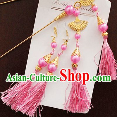 Ancient Chinese Pink Hanfu Style Hairpins and Earrings