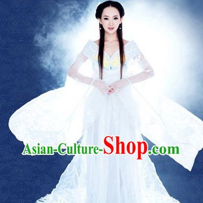 Ancient Chinese White Fairy Low Collar Costumes and Headpieces