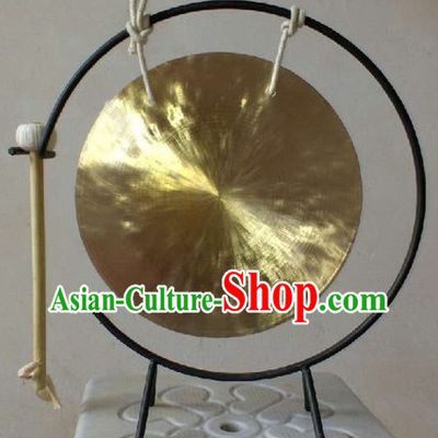 Traditional Chinese Gold Brass Gong and Stand Set
