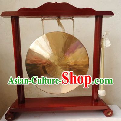 Traditional Chinese Gold Brass Gong and Stand Set