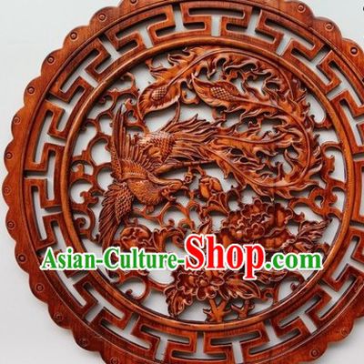 Traditional Chinese Hand Carved Round Phoenix and Peony Plaque