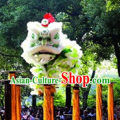 White and Light Green Long Wool Lion Dance Show Costume Complete Set