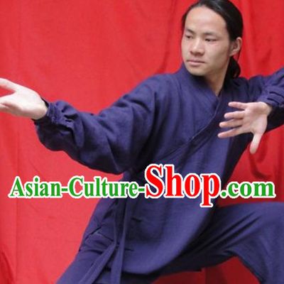 Top Quality Deep Blue Natural Flax Mandarin Chinese Martial Arts Outfit