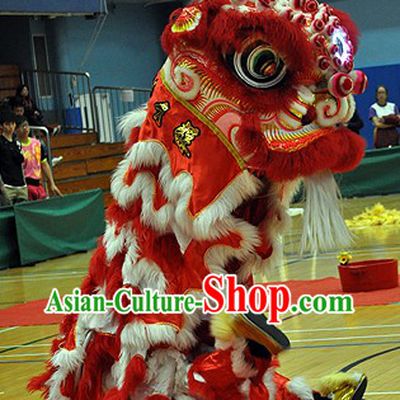 Red and White Long Wool Lion Dance Head and Costume Complete Set