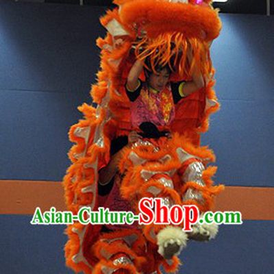 LED Eyes Orange and Silver Competition and Display Lion Dance Head and Costume Complete Set