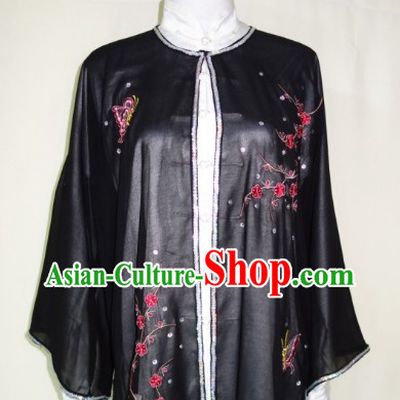 Black Embroidered Butterfly and Flower Tai Chi Blouse Pants Belt and Veil Complete Set
