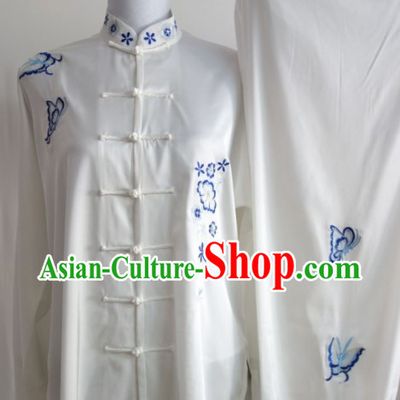 Blue Flower Embroidery Long Sleeves Martial Arts Uniform Complete Set