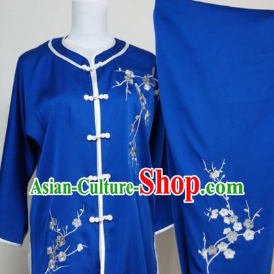 Top Silk Blue Plum Blossom Embroidery Martial Arts Clothes Complete Set