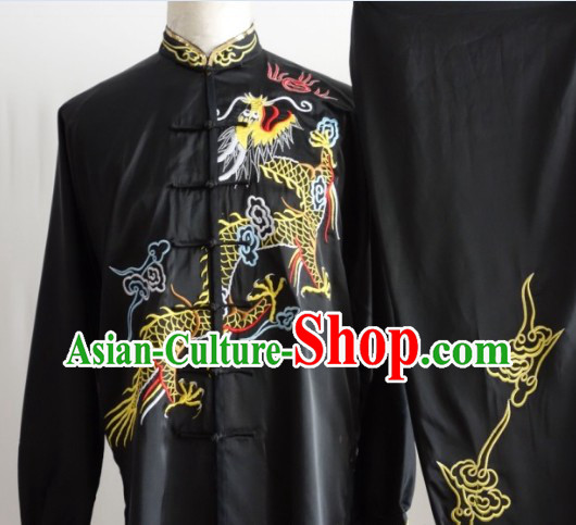 Black Dragon Embroidery Silk Kung Fu Tai Chi Clothes Complete Set for Men