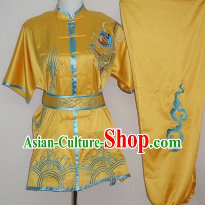 Yellow Dragon Embroidery Silk Martial Arts Shirt Pants and Belt for Middle School Teenagers