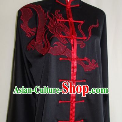 Silk Black Dragon Blouse Pants and Belt with Red Dragon Embroidery