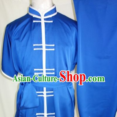 Silk Blue Dress Pants and Soft Belt Kung Fu Practice Clothing Complete Set