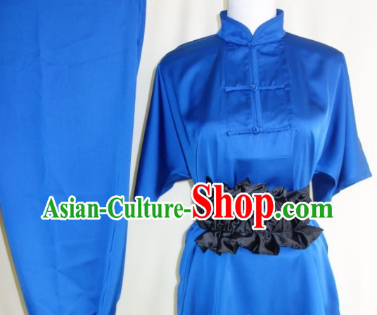 Silk Blue Dress Pants and Belt Kung Fu Practice Clothing Complete Set